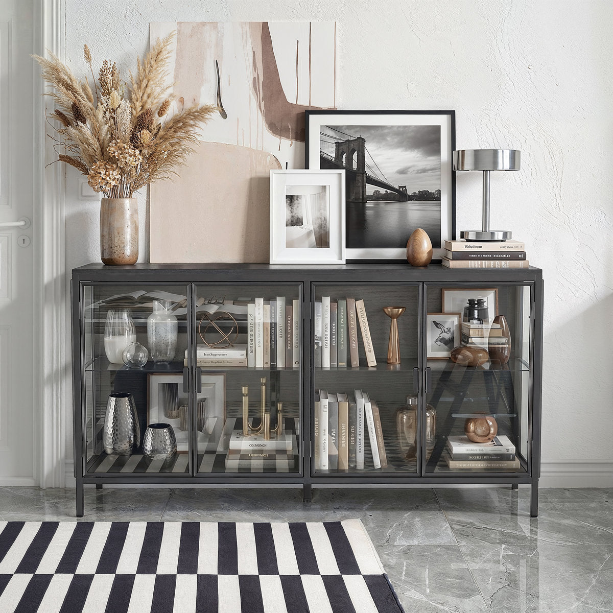 Sideboard, 55.1 Inch Wide, Black Manufactured Wood, 4 Glass Doors