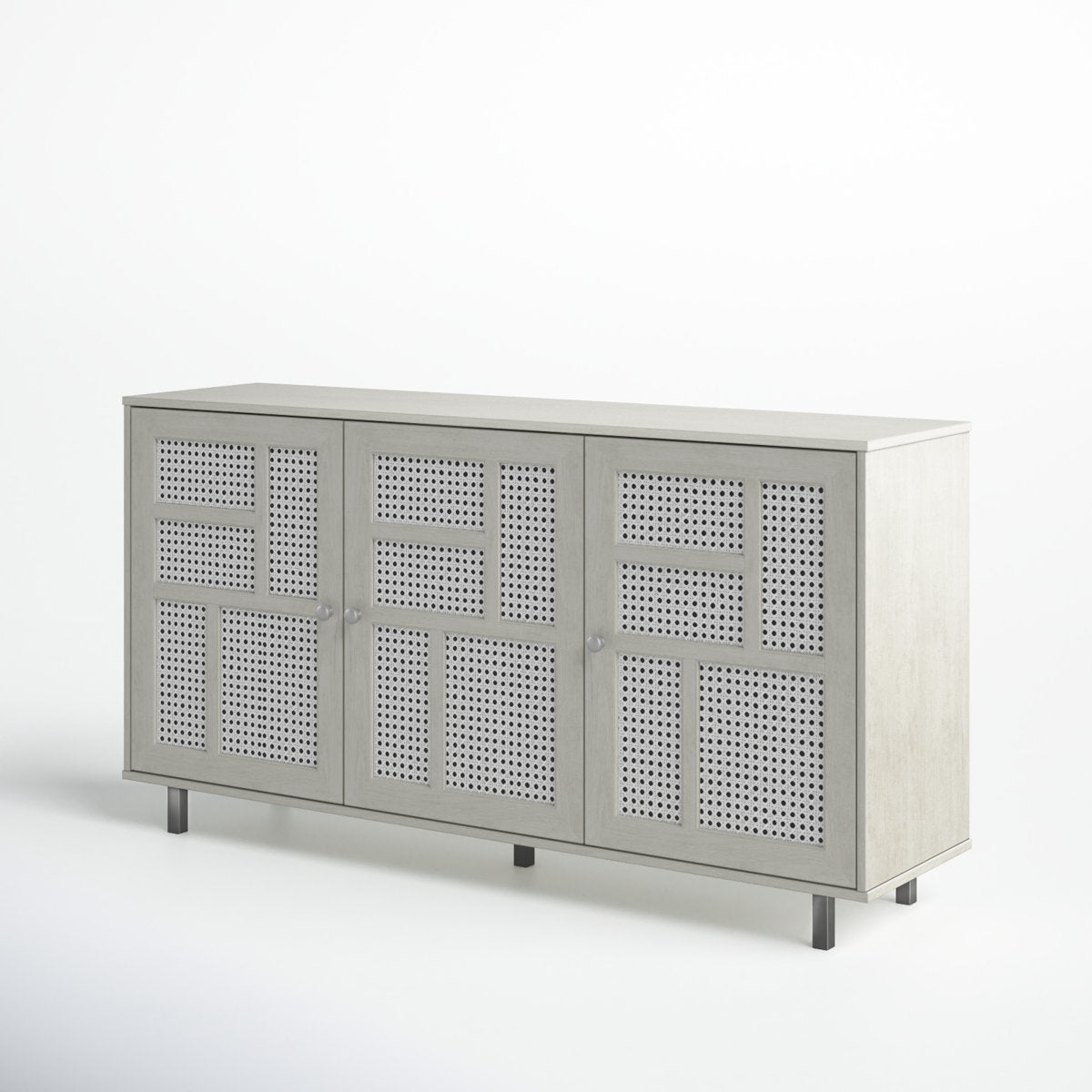 Sideboard, 57 In Wide, Light Finish with Rattan Details and Metal Feet