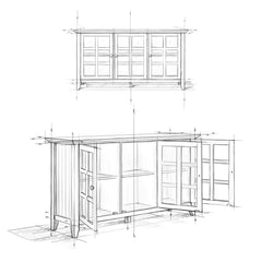 Sideboard, 62-Inch Solid Wood Cabinet, Three Glass Doors