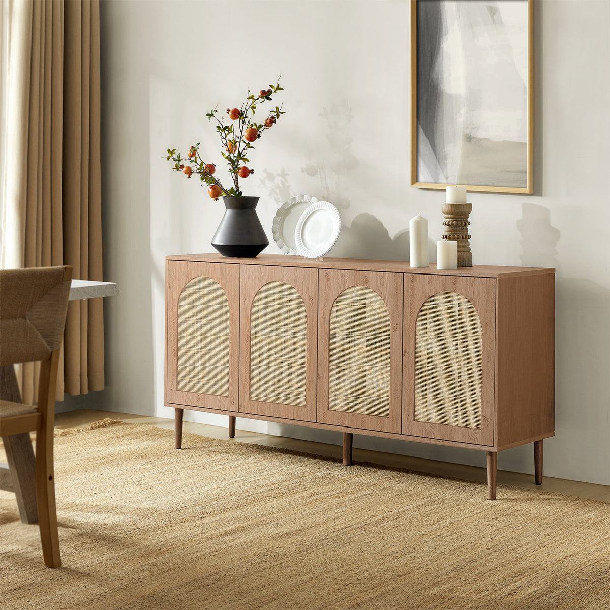 Sideboard, 63-Inch Wide, Engineered Wood with Rattan Doors in Oak