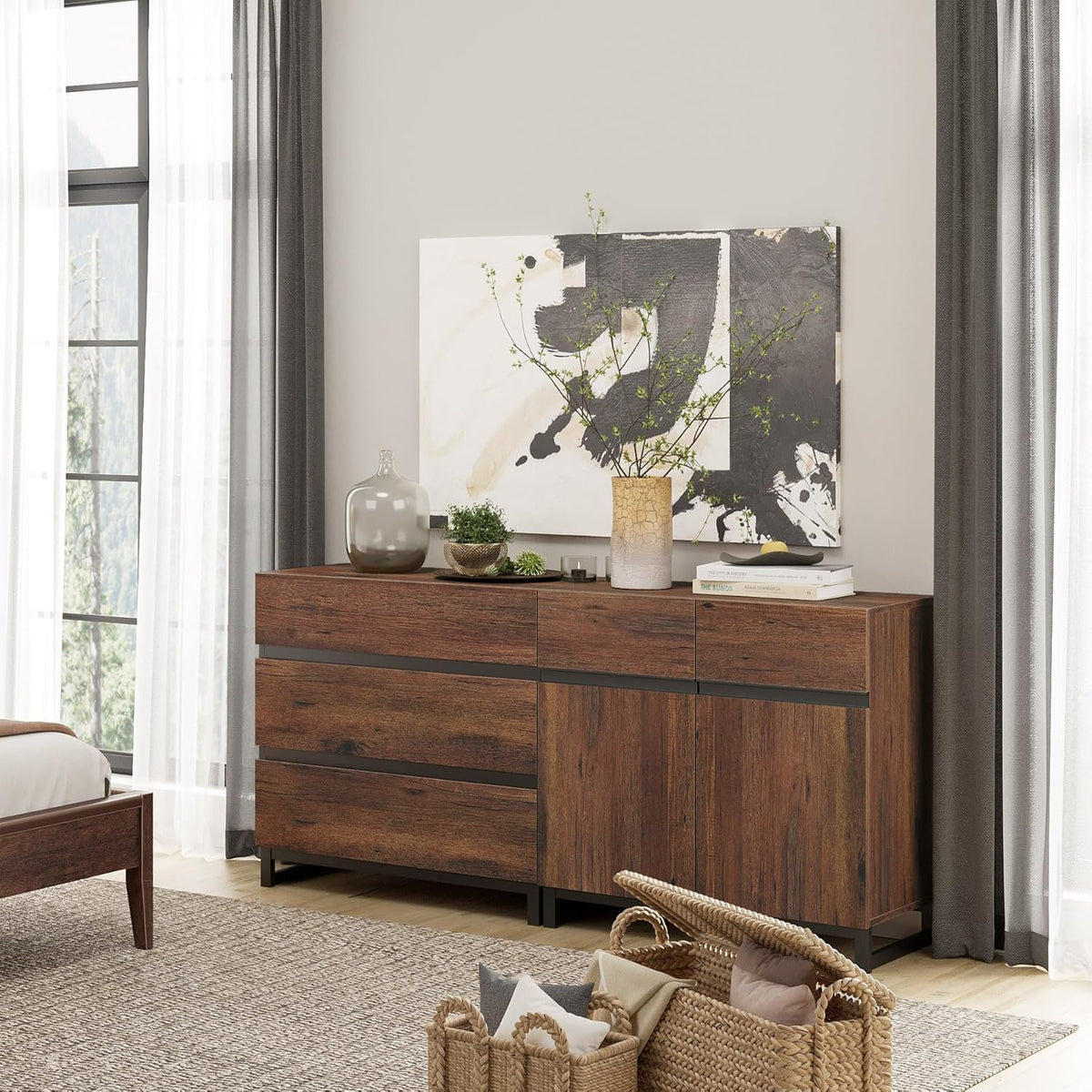 Sideboard, 63 Inches Wide, Engineered Wood with Metal Base, Brown