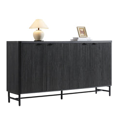 Sideboard, 65 In Wide with Fluted Doors and Metal Base, Black