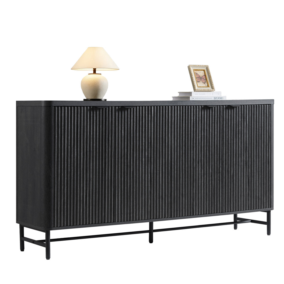 Sideboard, 65 In Wide with Fluted Doors and Metal Base, Black
