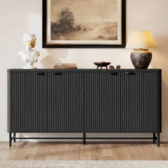 Sideboard, 65 In Wide with Fluted Doors and Metal Base, Black