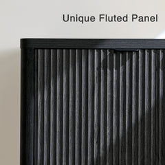 Sideboard, 65 In Wide with Fluted Doors and Metal Base, Black