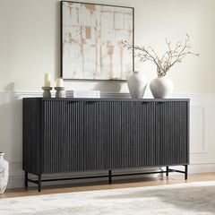 Sideboard, 65 In Wide with Fluted Doors and Metal Base, Black