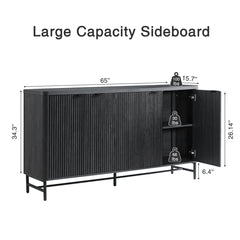 Sideboard, 65 In Wide with Fluted Doors and Metal Base, Black