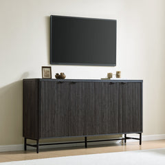 Sideboard, 65 In Wide with Fluted Doors and Metal Base, Black