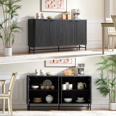 Sideboard, 65 In Wide with Fluted Doors and Metal Base, Black