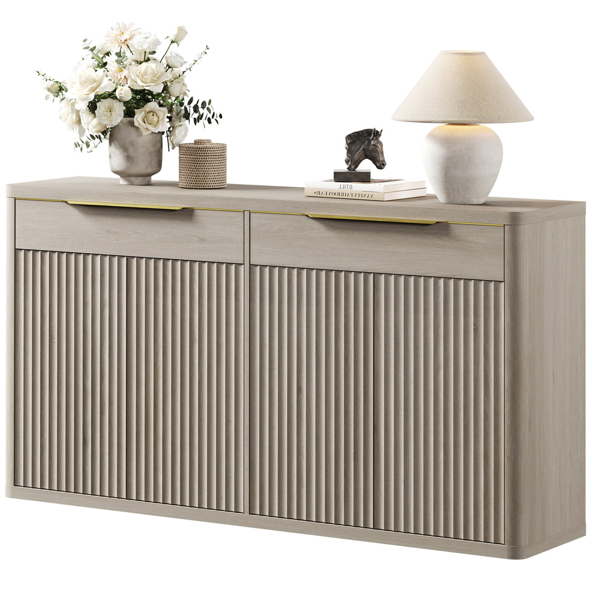 Sideboard, 66.34 In Wide, Manufactured Wood in Light Oak with Fluted Doors