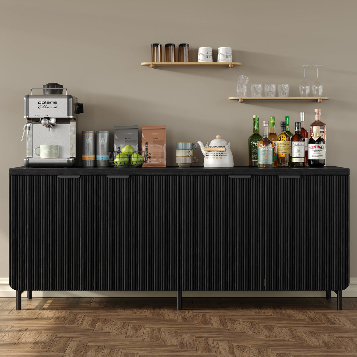 Sideboard, 66 Inch, Manufactured Wood, Reeded Doors, Black