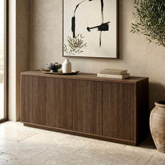 Sideboard, 68 Inch Fluted Manufactured Wood, Satin Walnut