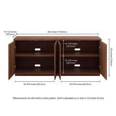 Sideboard, 68 Inch Fluted Manufactured Wood, Satin Walnut
