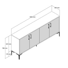 Sideboard, 70.9 in W, White Manufactured Wood with Metal Accents