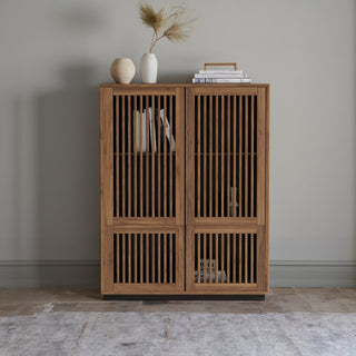 Sideboard Accent Cabinet, Manufactured Wood, 4 Louver Doors, Brown and Black