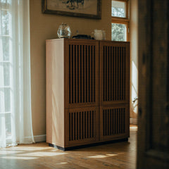 Sideboard Accent Cabinet, Manufactured Wood, 4 Louver Doors, Brown and Black