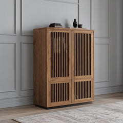 Sideboard Accent Cabinet, Manufactured Wood, 4 Louver Doors, Brown and Black
