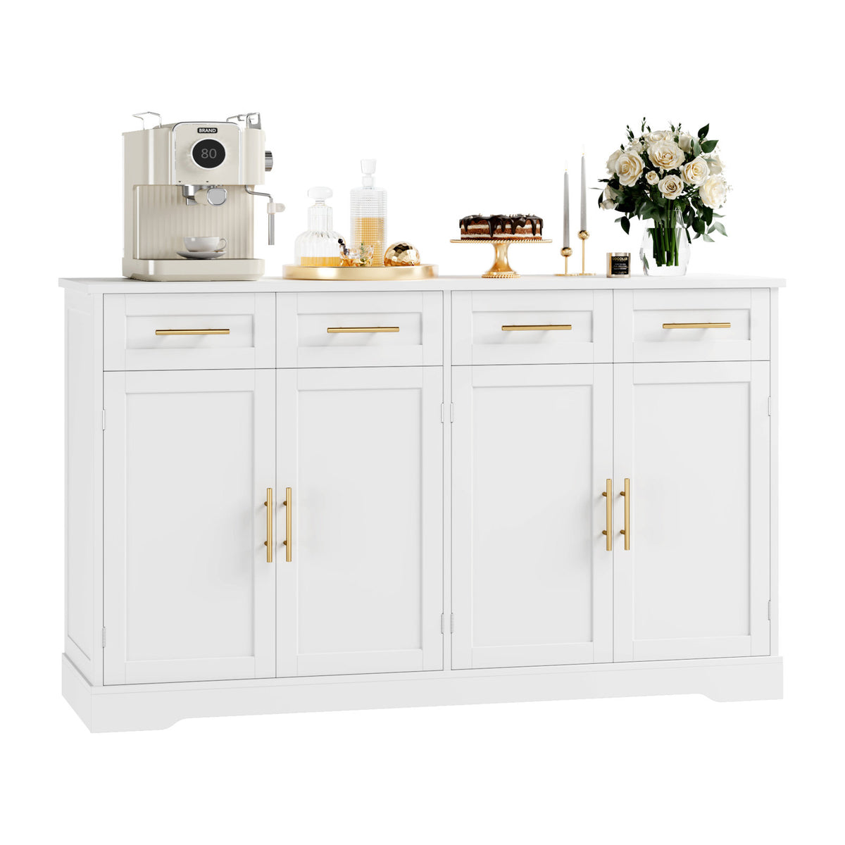 Sideboard Buffet, 4 Drawer, White Manufactured Wood with Metal Accents