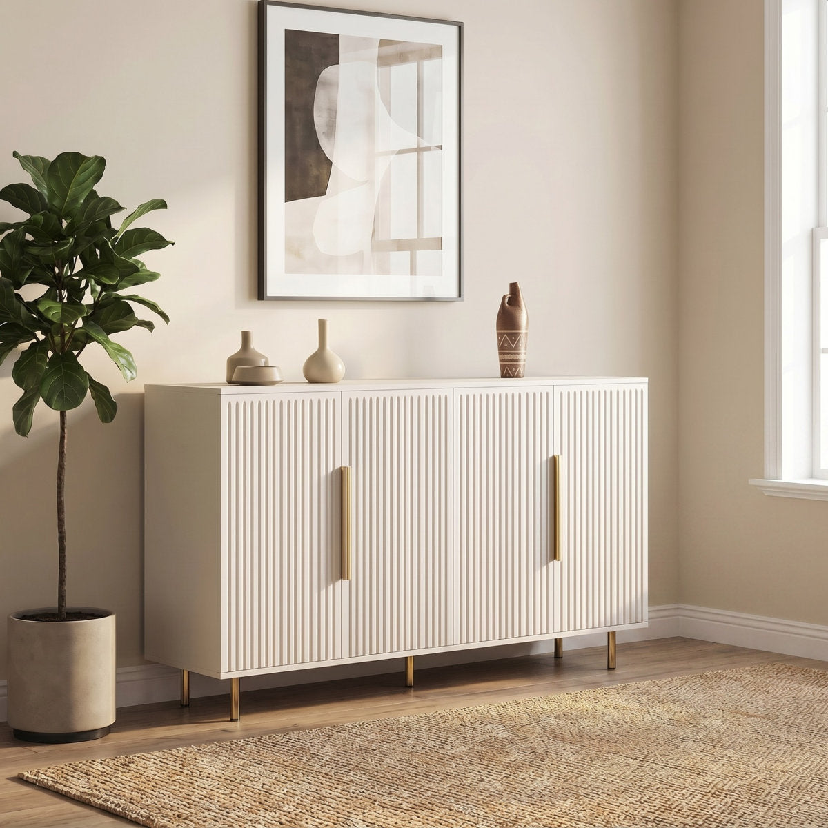 Sideboard Buffet, 56.73 in W, White with Metal Base