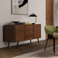 Sideboard Buffet Cabinet, Solid Wood, 60 Inch Wide, Walnut Veneer, Metal Legs