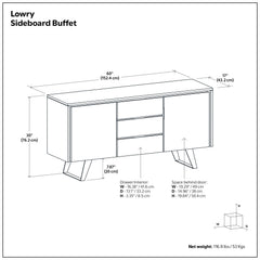 Sideboard Buffet Cabinet, Solid Wood, 60 Inch Wide, Walnut Veneer, Metal Legs