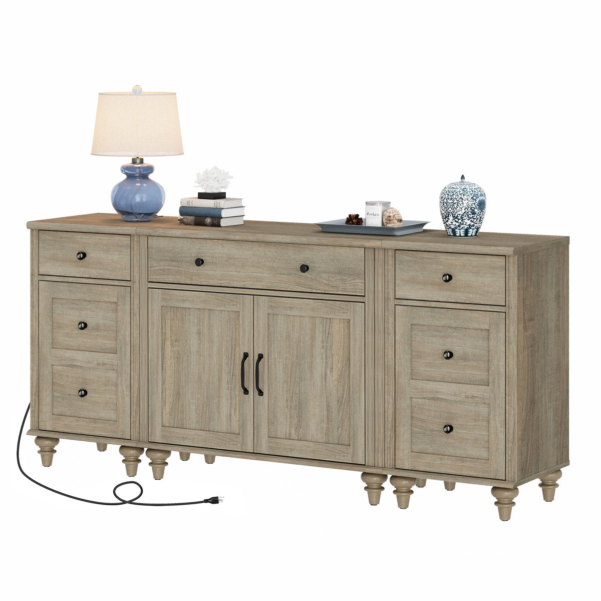 Sideboard Buffet Cabinet with Drawers and USB Ports in Distressed Gray