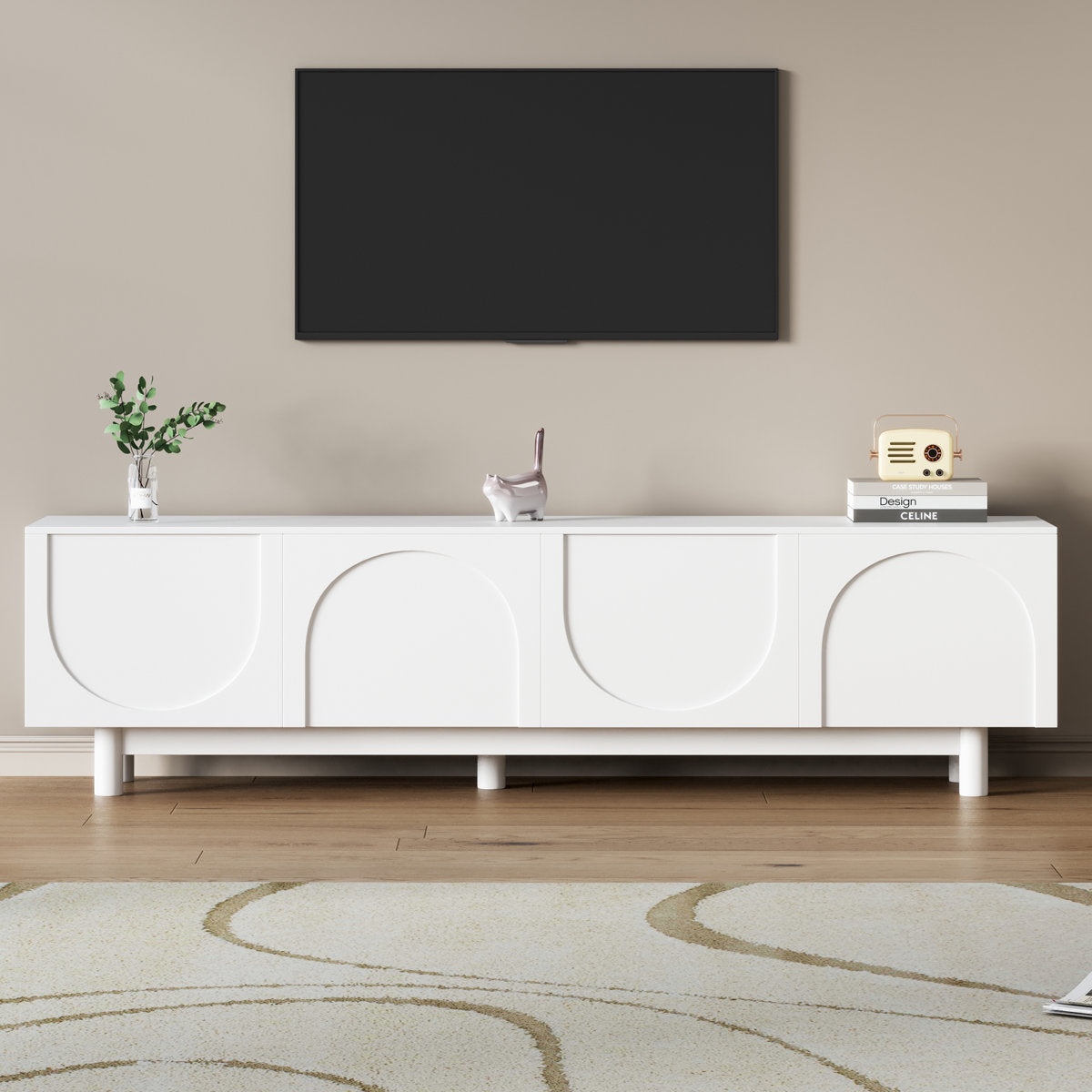 Sideboard Cabinet, 70.8 in W, White Particle Board with Four Legs