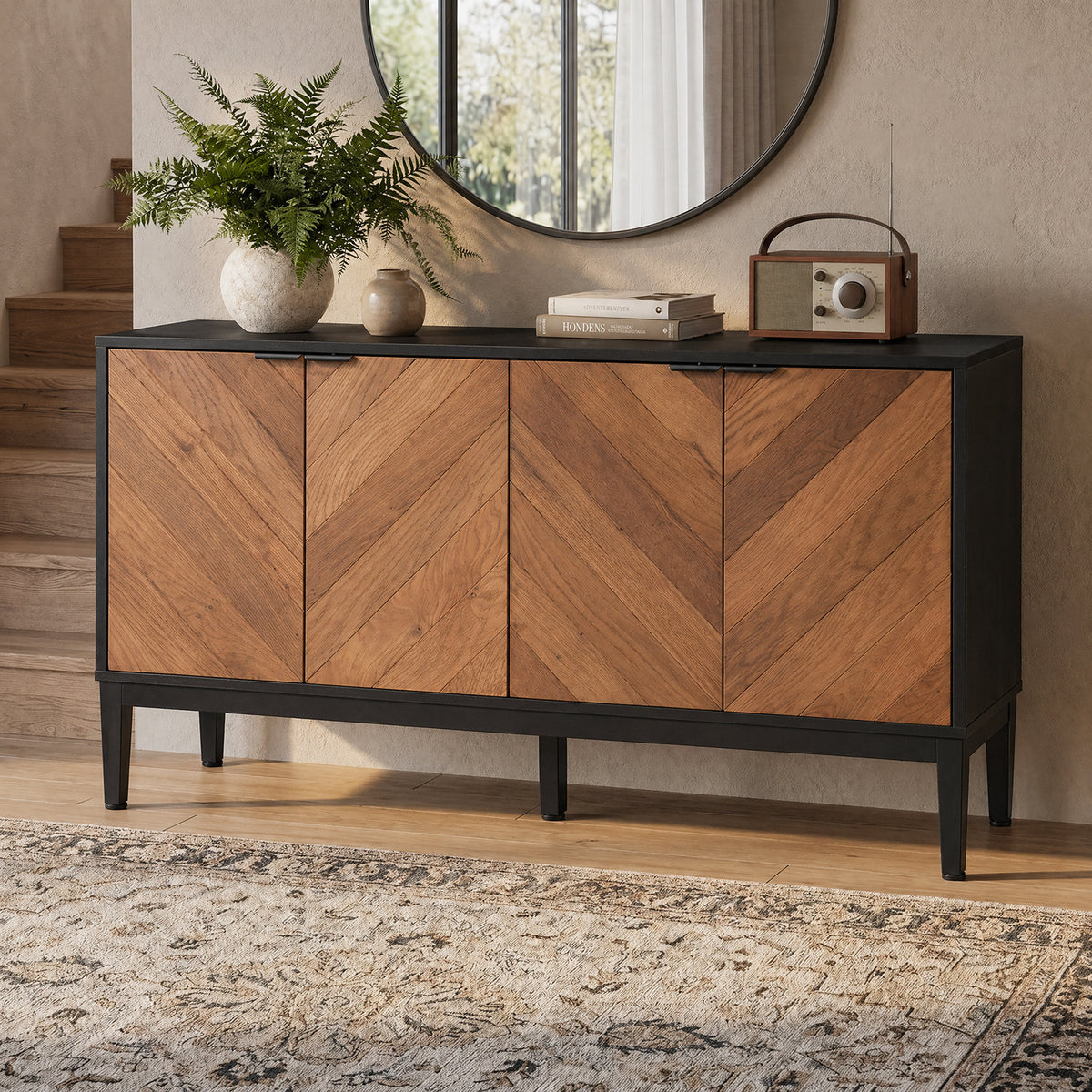 Sideboard in Black Manufactured Wood with Metal Legs