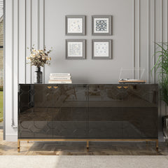 Sideboard in Black Solid and Engineered Wood with Gold Hardware