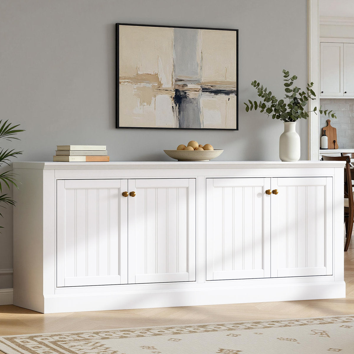 Sideboard in White Manufactured Wood with Vertical Panel Doors
