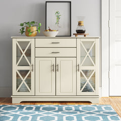 Sideboard, Manufactured Wood with Glass Doors, Antique White