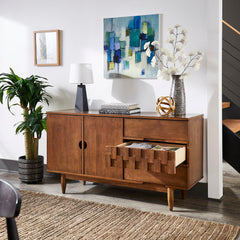 Sideboard, Solid and Engineered Wood with 3 Drawers and 2 Doors, Brown