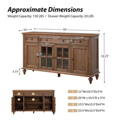 Sideboard, Solid and Manufactured Wood, Glass Doors, 3 Drawers