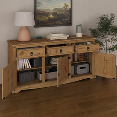 Sideboard, Solid Pine Wood, Gray Wash Base, Antique Brown Top