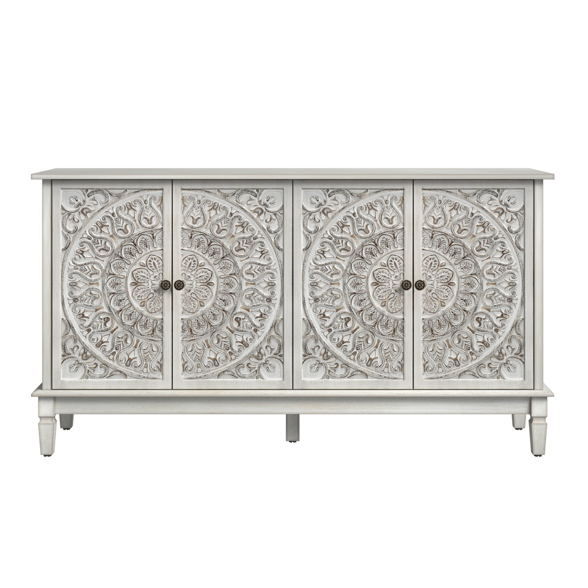 Sideboard, White Manufactured Wood with Carved Floral Doors