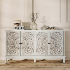 Sideboard, White Manufactured Wood with Carved Floral Doors