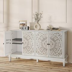 Sideboard, White Manufactured Wood with Carved Floral Doors