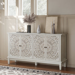Sideboard, White Manufactured Wood with Carved Floral Doors