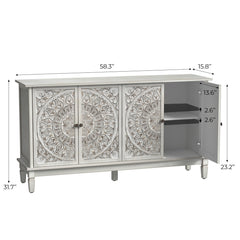 Sideboard, White Manufactured Wood with Carved Floral Doors