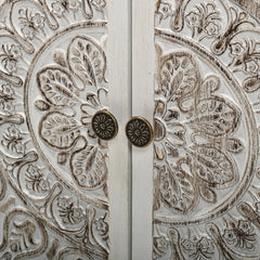 Sideboard, White Manufactured Wood with Carved Floral Doors