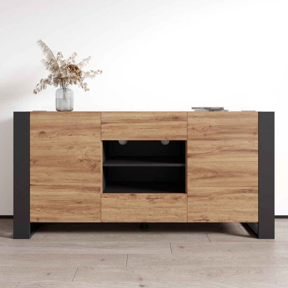 Sideboard with 2 Doors and 2 Drawers in Oak and Gray Manufactured Wood