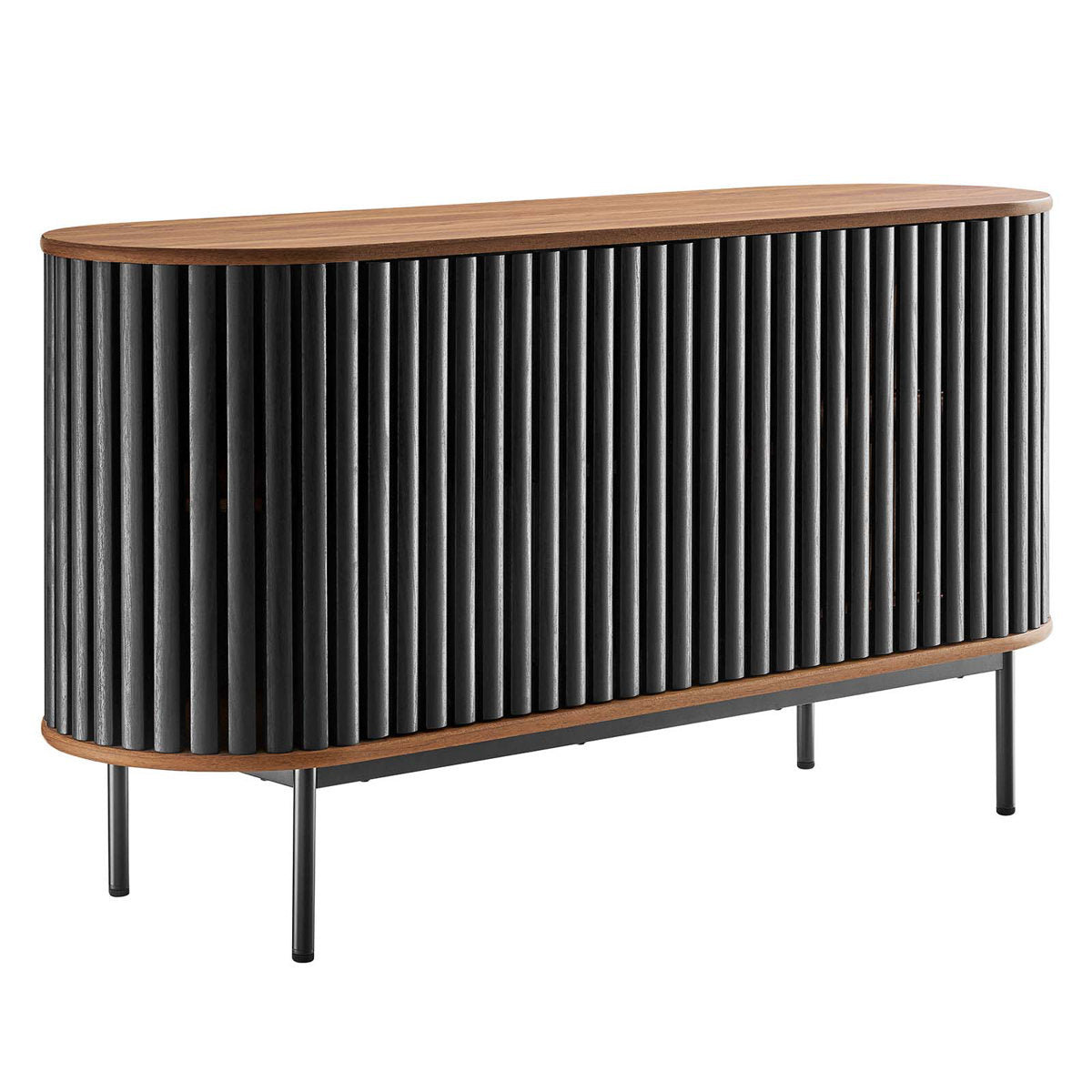 Sideboard with 2 Doors and Round Metal Legs, Black Wood Grain Finish