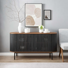 Sideboard with 2 Doors and Round Metal Legs, Black Wood Grain Finish