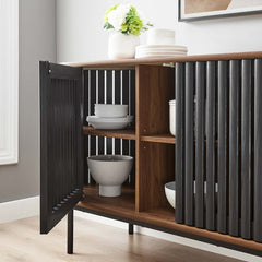 Sideboard with 2 Doors and Round Metal Legs, Black Wood Grain Finish