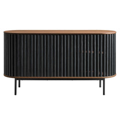 Sideboard with 2 Doors and Round Metal Legs, Black Wood Grain Finish