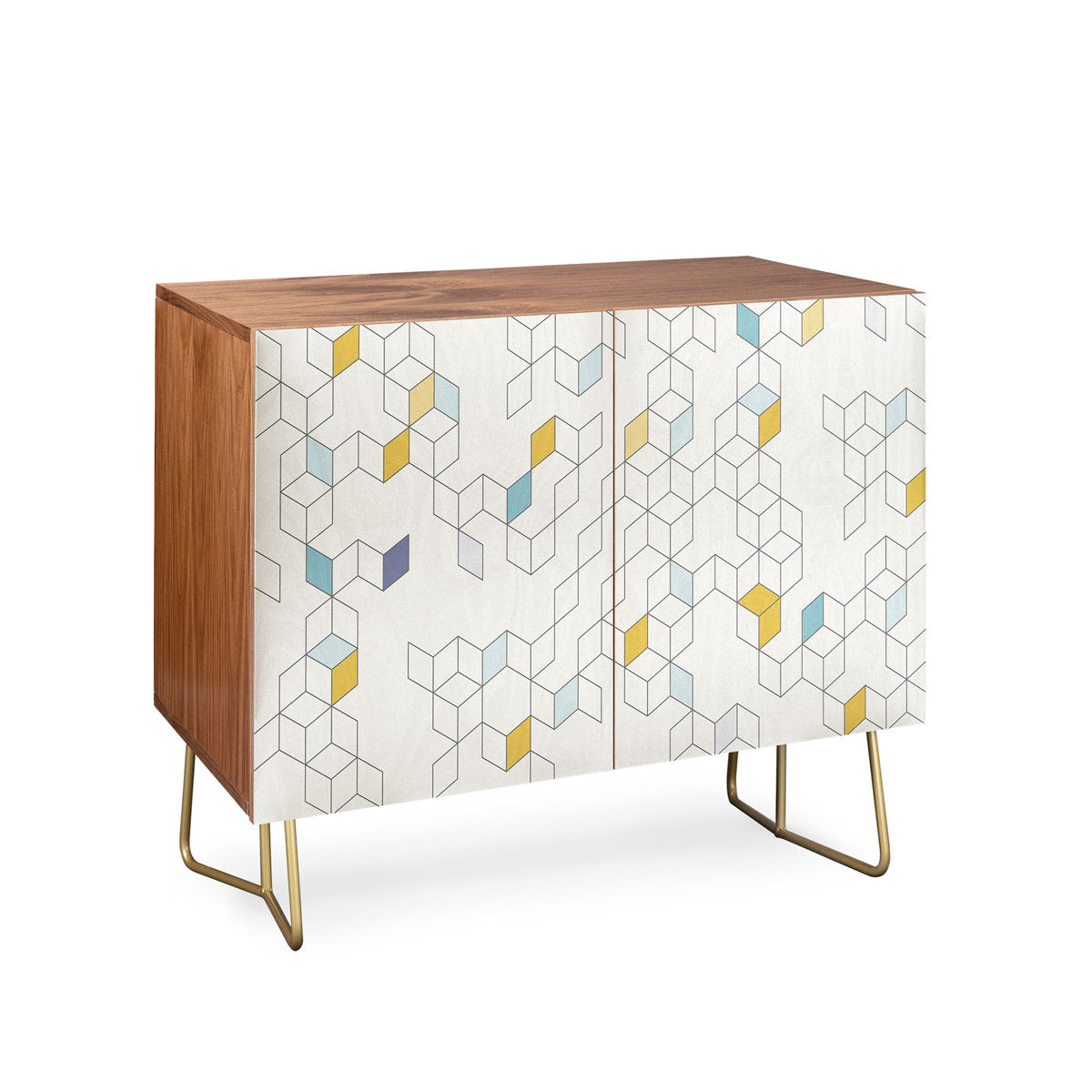Sideboard with 2 Doors, Walnut Wood in Walnut and Gold