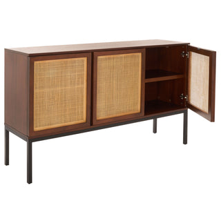 Sideboard with 3 Cabinet Doors and Woven Rattan in Walnut and Black