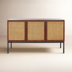 Sideboard with 3 Cabinet Doors and Woven Rattan in Walnut and Black