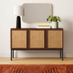 Sideboard with 3 Cabinet Doors and Woven Rattan in Walnut and Black