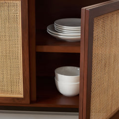 Sideboard with 3 Cabinet Doors and Woven Rattan in Walnut and Black